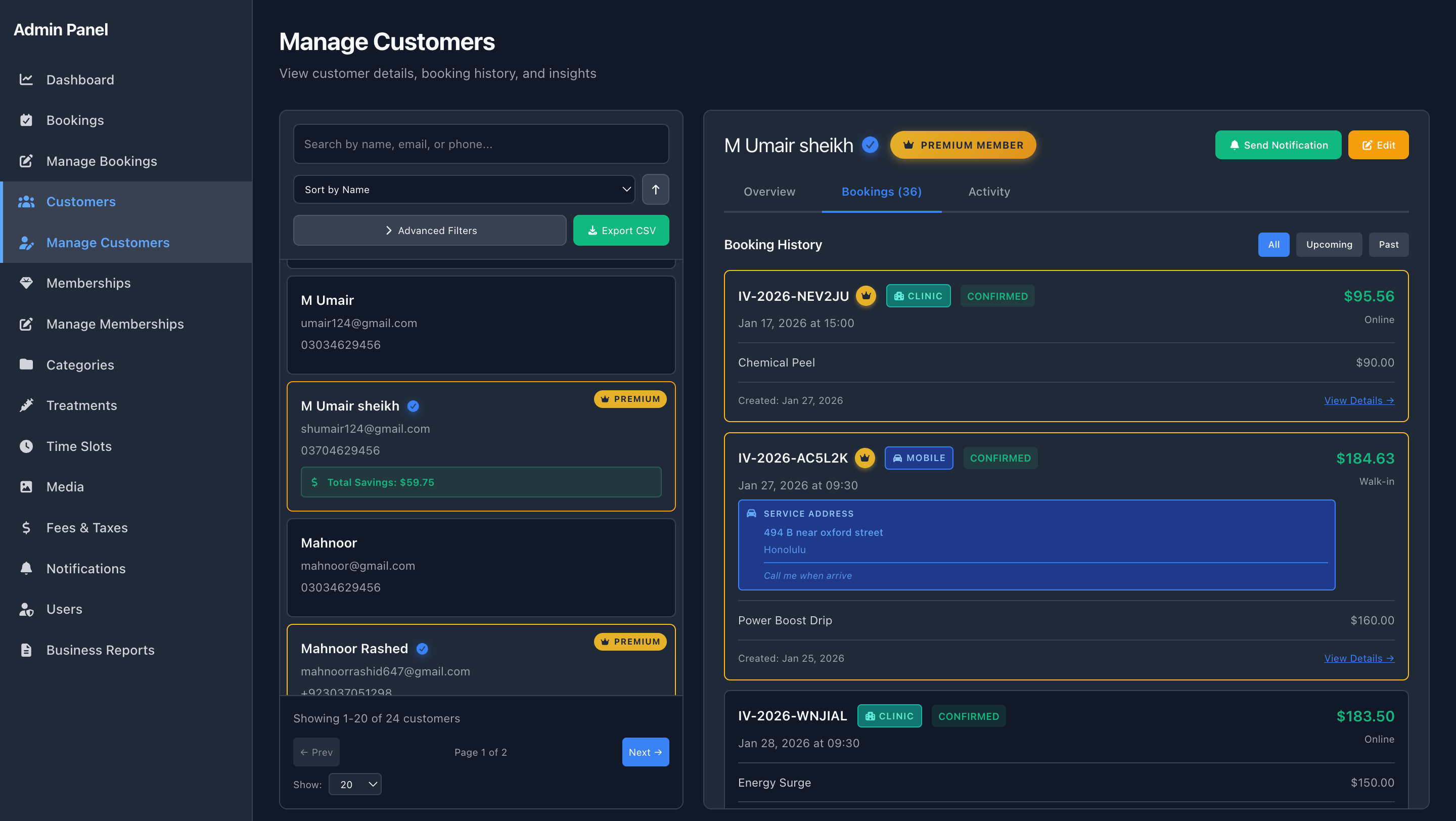 Admin CMS – Membership Customers – Booking History