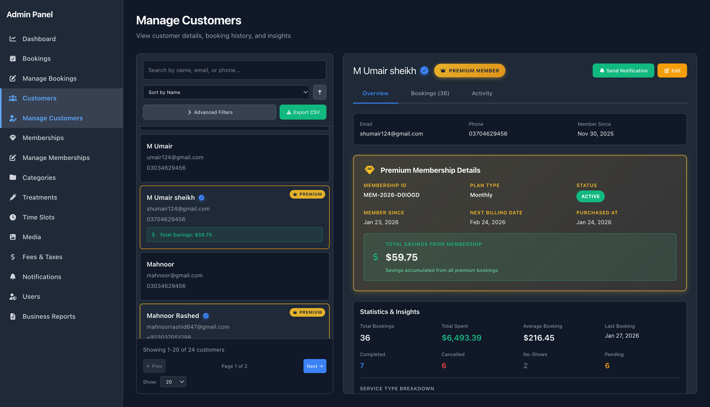 Admin CMS – Membership Customers – History