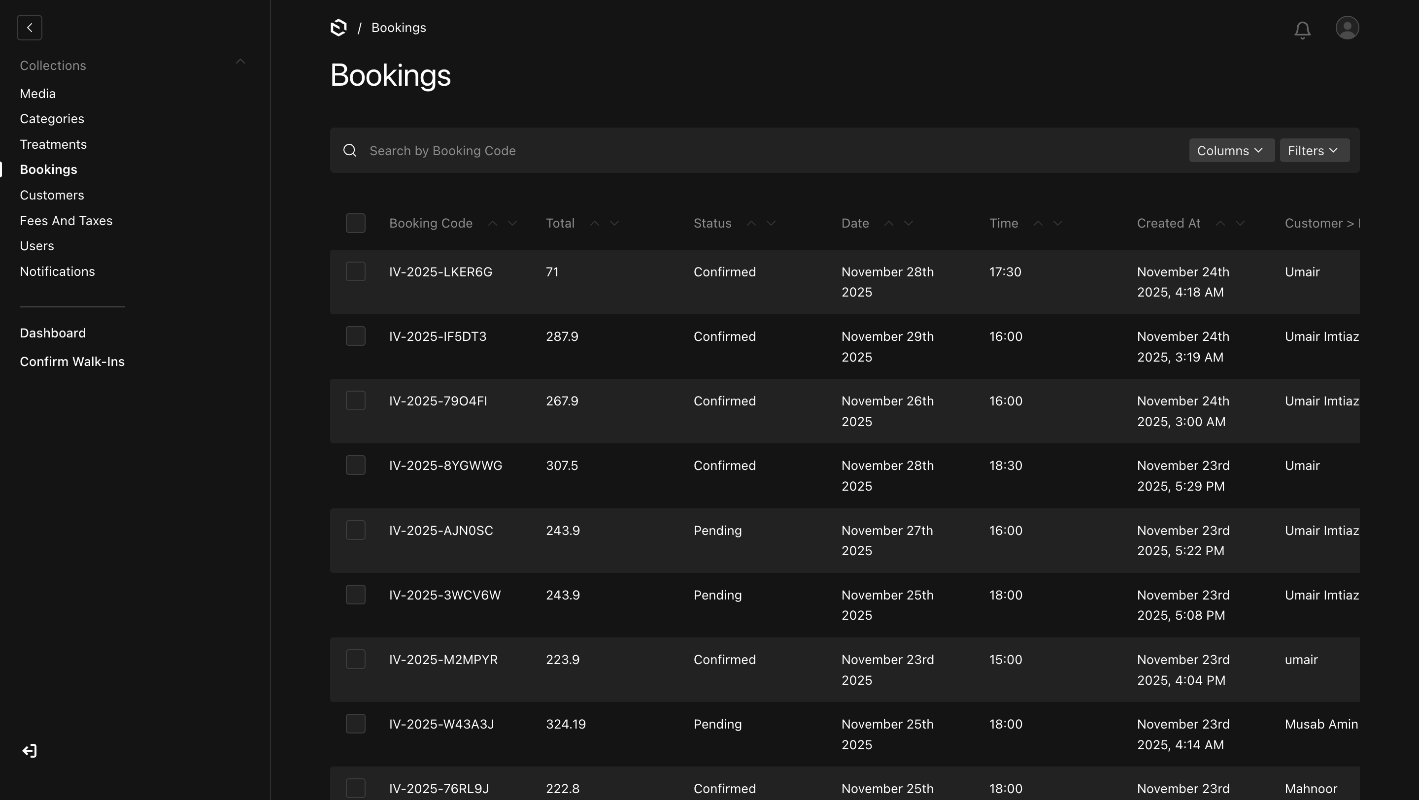 Admin CMS – All Bookings