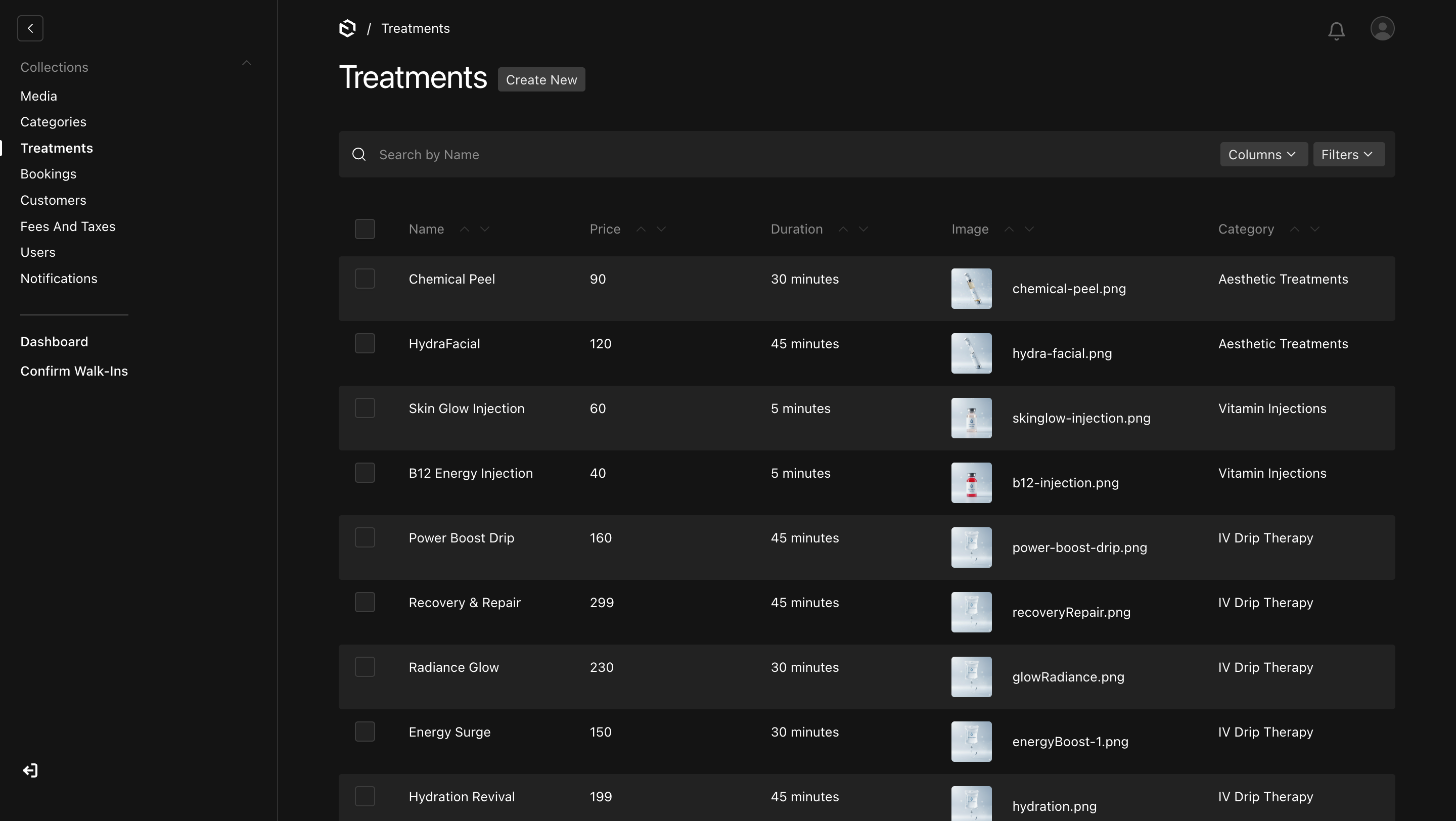 Admin CMS – Treatments